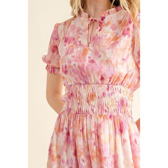 And The Why Smocked Waist Detail Printed Short Sleeves Midi Dress | Pink - Picture 6 of 6
